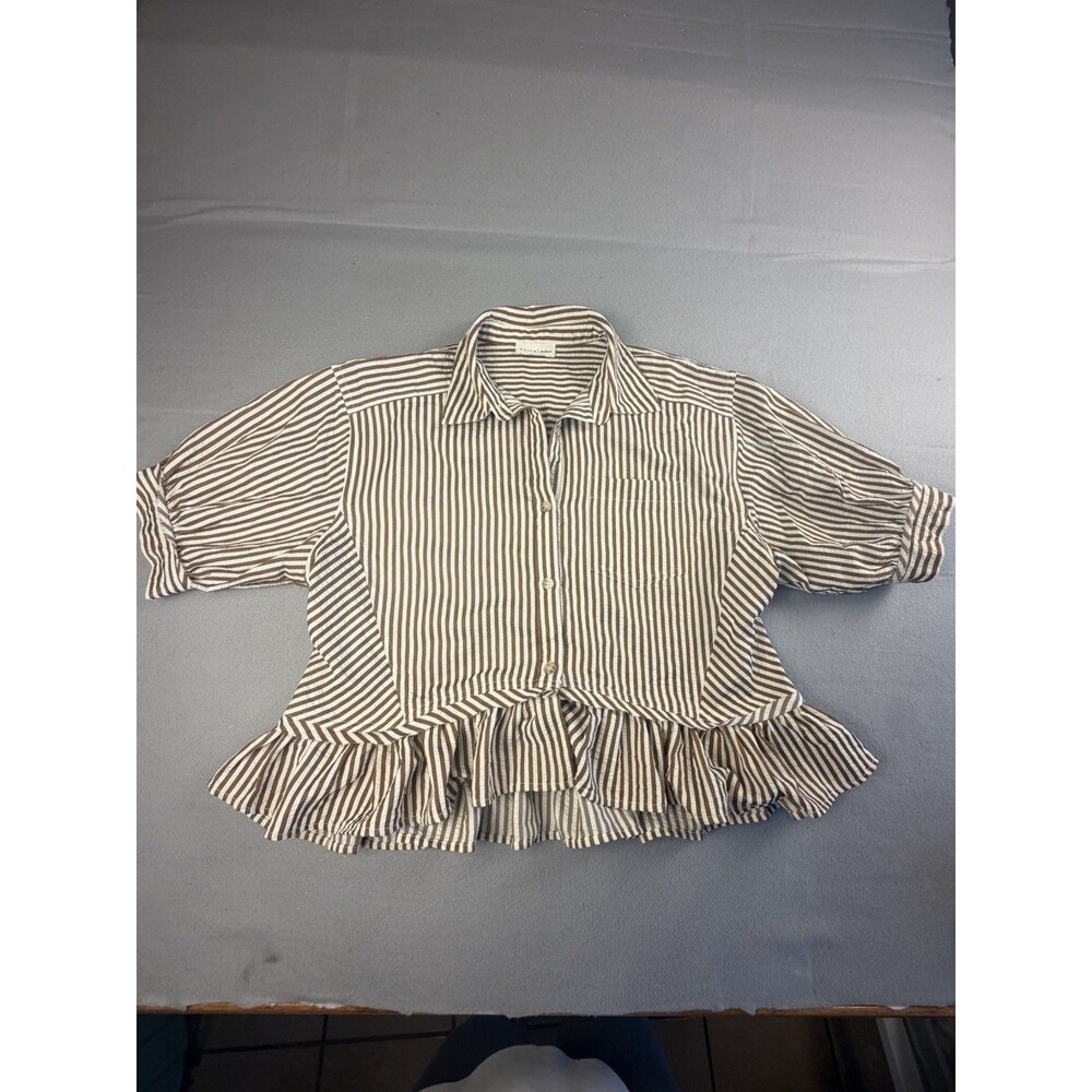 Entrol Brown White Striped Collared Button-Up Puff Short Sleeve Ruffle Hem M